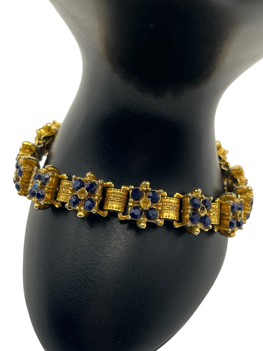 Ornate book chain link gold tone blue rhinestone flower vintage bracelet